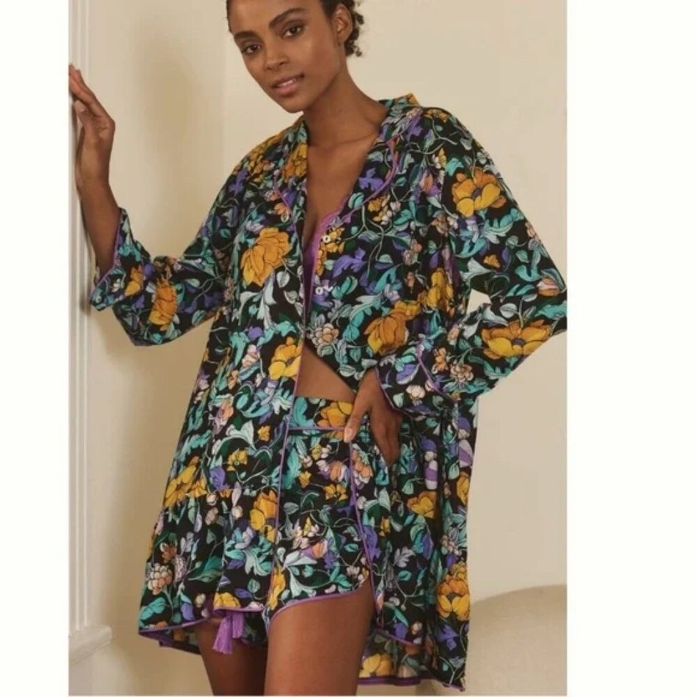 Anthropologie Floral Pajama Set - Black, Yellow, Purple